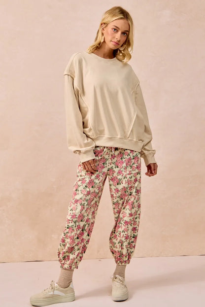 Floral Printed Twill Drawstring Pants - Be Juliet