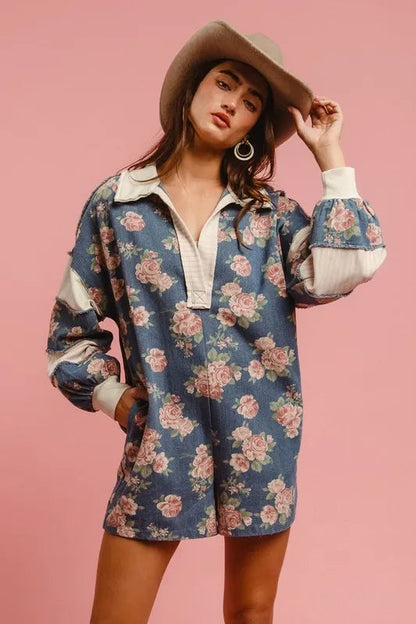 Chantalle Floral Denim Romper – Contrast Collar - Be Juliet