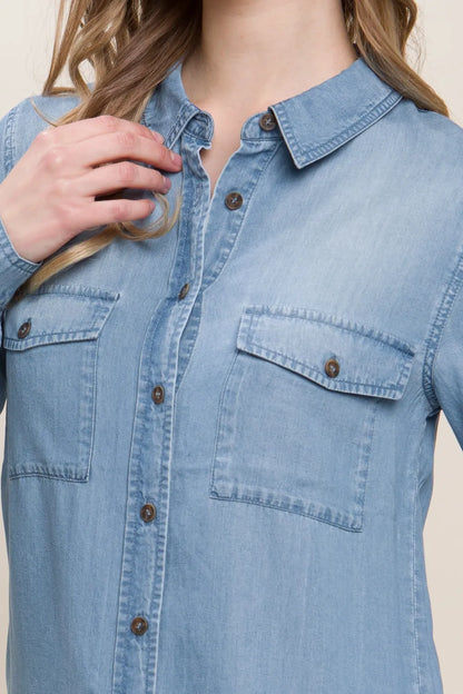 Love Tree Scooped Hem Button Up Denim Shirt - Be Juliet