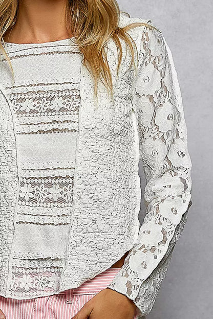 POL Round Neck Long Sleeve Exposed Seam Top with Lace Detail - Be Juliet