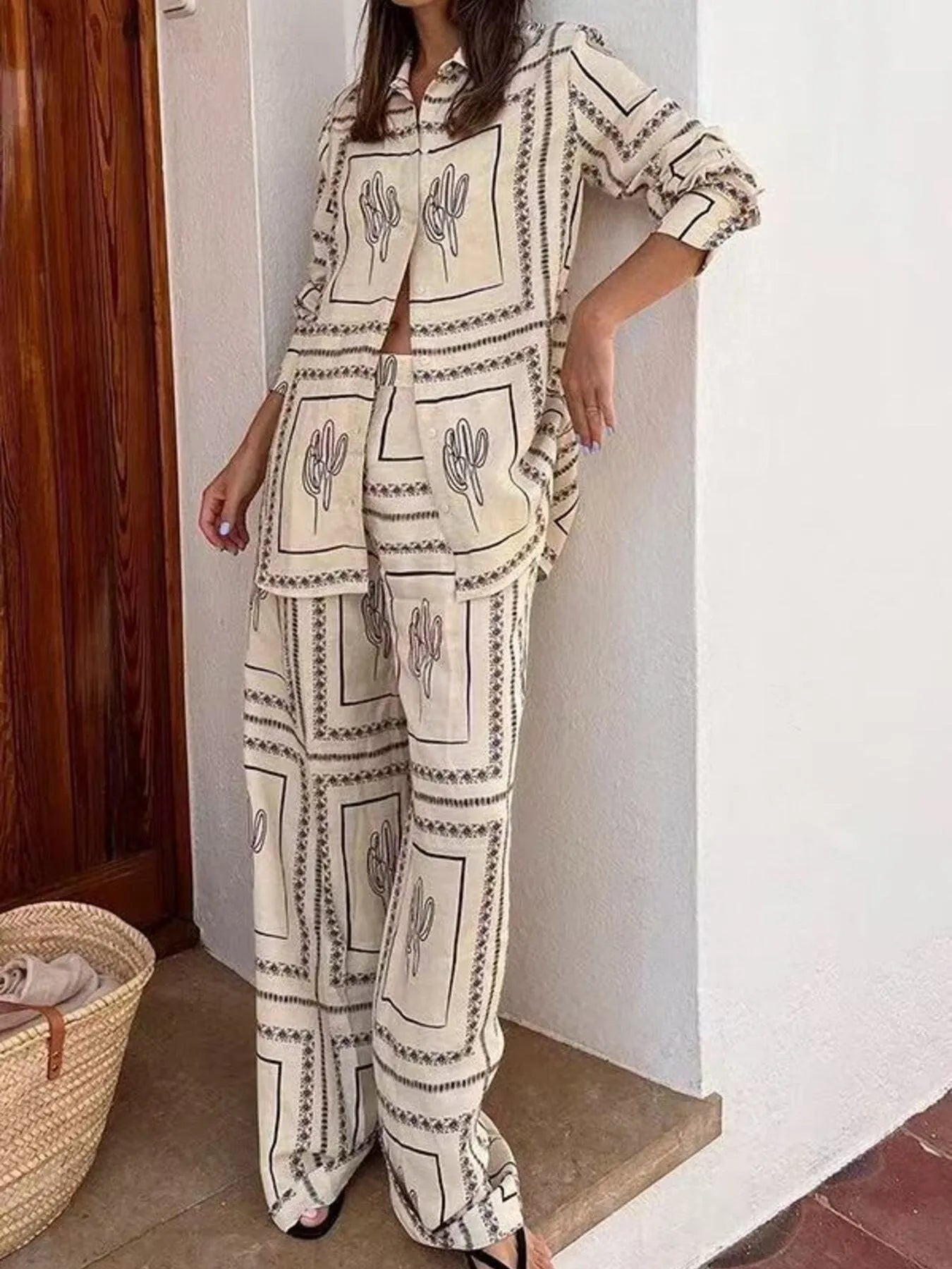 Catalina Printed Button-Up Shirt &amp; Pants Set - Beige, back view on model - Be Juliet