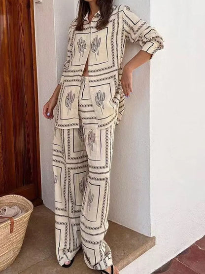 Catalina Printed Button-Up Shirt &amp; Pants Set - Beige, back view on model - Be Juliet