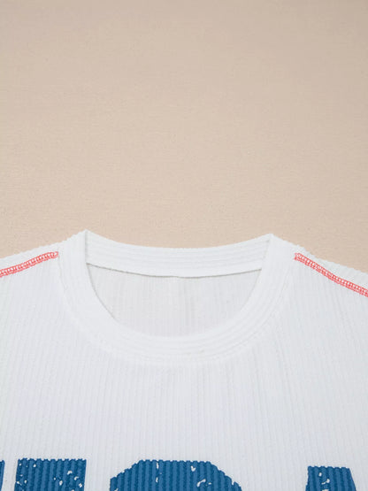 USA Graphic Half Sleeve Loose Ribbed Top - White, close-up detail - Be Juliet
