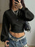 Be Juliet The Ruche Long Sleeve Crop Top black, front close-up, ruched hem with balloon-style sleeves