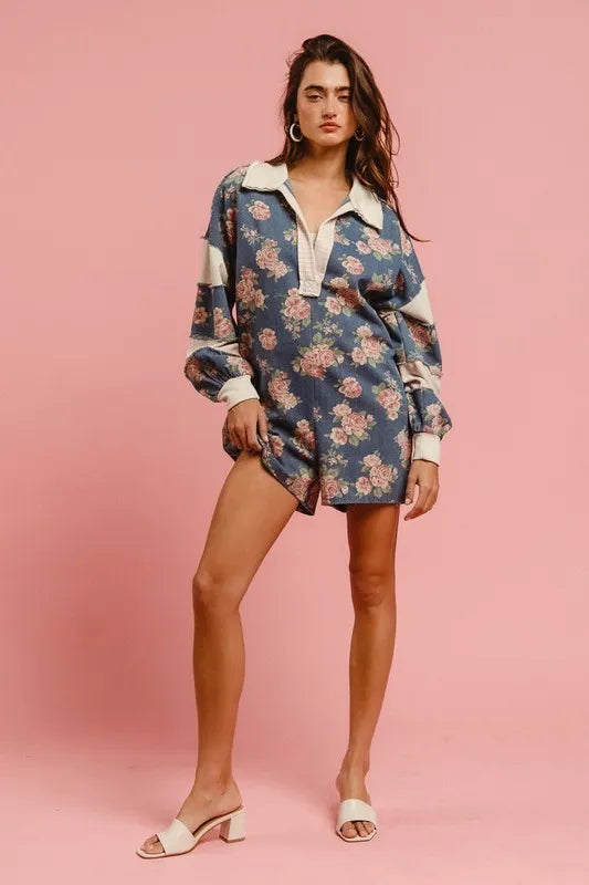 Chantalle Floral Denim Romper – Contrast Collar - Be Juliet