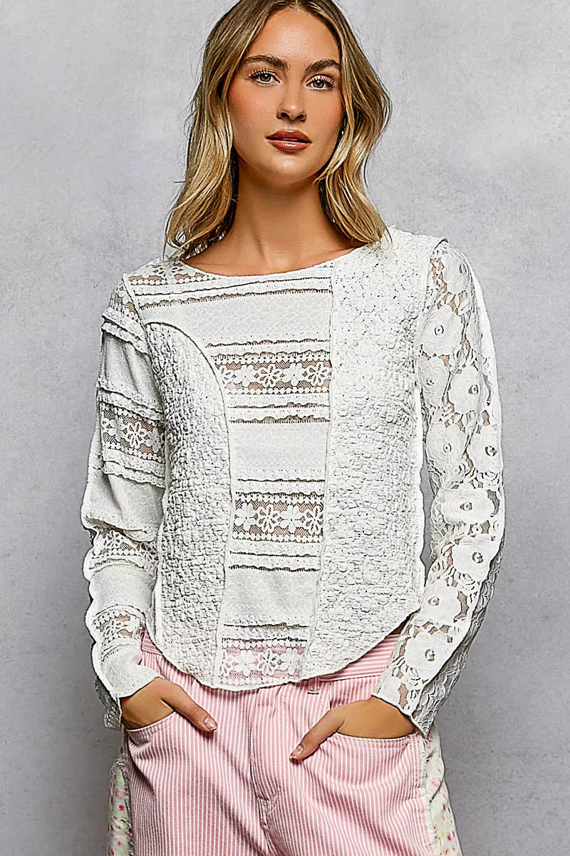 POL Round Neck Long Sleeve Exposed Seam Top with Lace Detail - Be Juliet