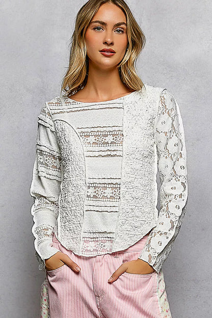POL Round Neck Long Sleeve Exposed Seam Top with Lace Detail - Be Juliet