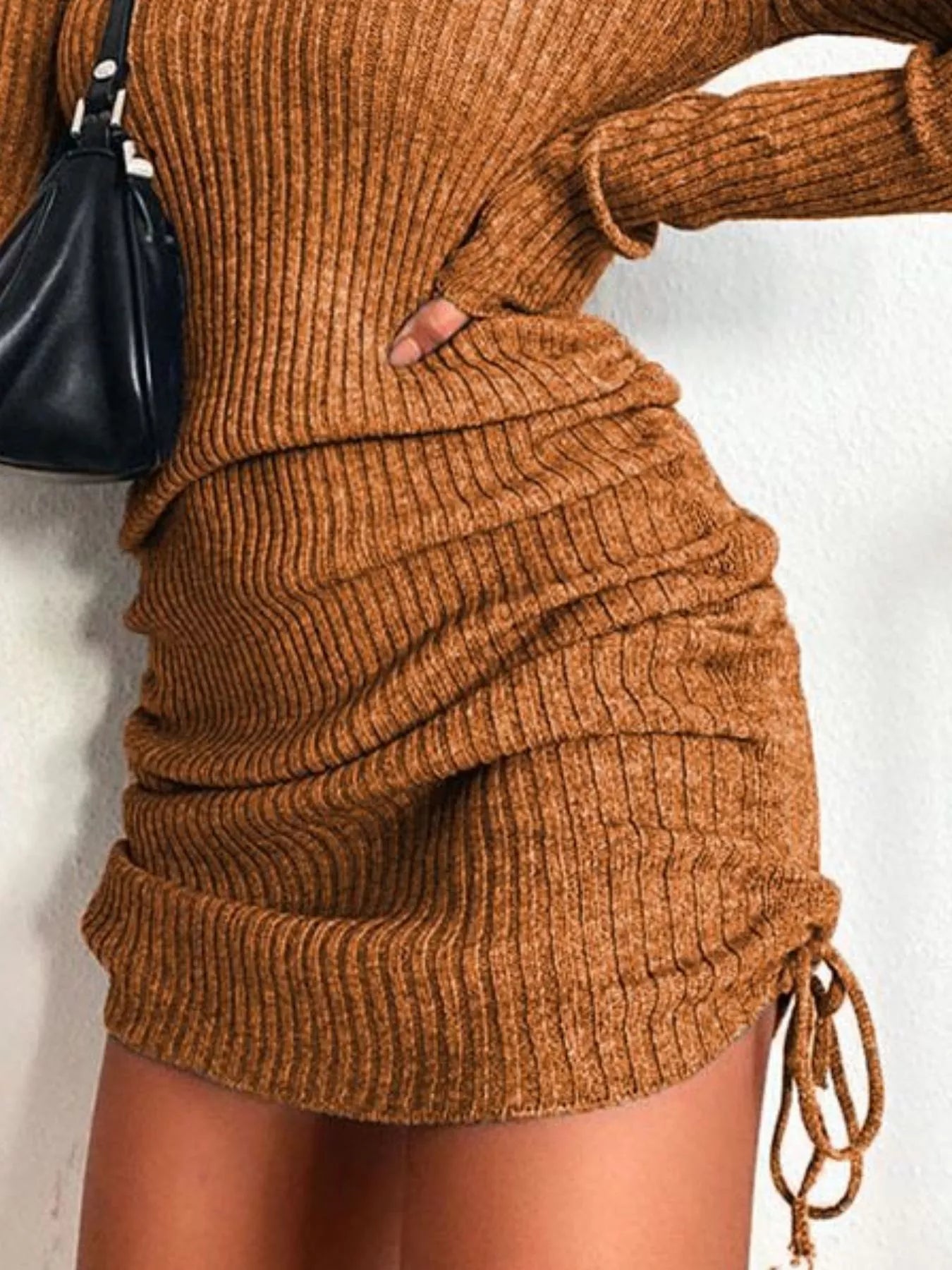 Elara Ribbed Knit Drawstring Bodycon Sweater Dress — Plus Size - Be Juliet