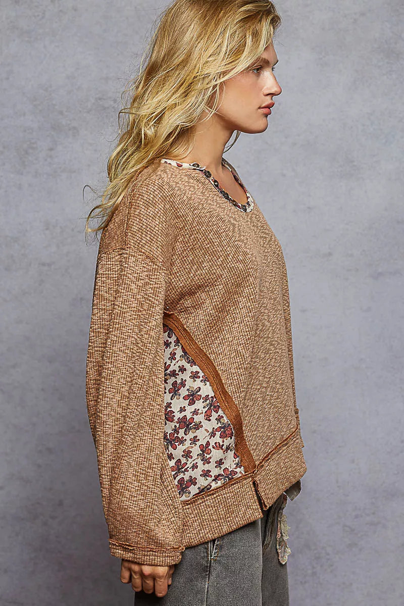 Colette Oversized Floral Contrast Ribbed Top - Be Juliet