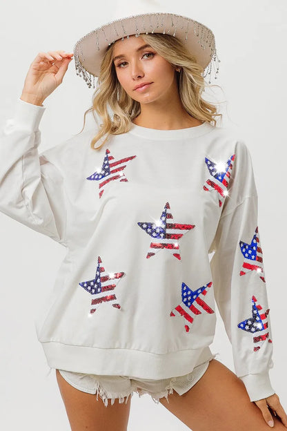Sequin Star Flag Sweatshirt – Oversized Fit - OFF WHITE, flat lay back view - Be Juliet