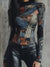 Be Juliet The Patchwork Mock Neck Long Sleeve Top blue and rust, front torso view with mock neck