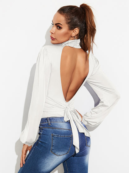 Backless Tie-Waist Turtleneck Lantern Sleeve Bodysuit - White, front view on model - Be Juliet