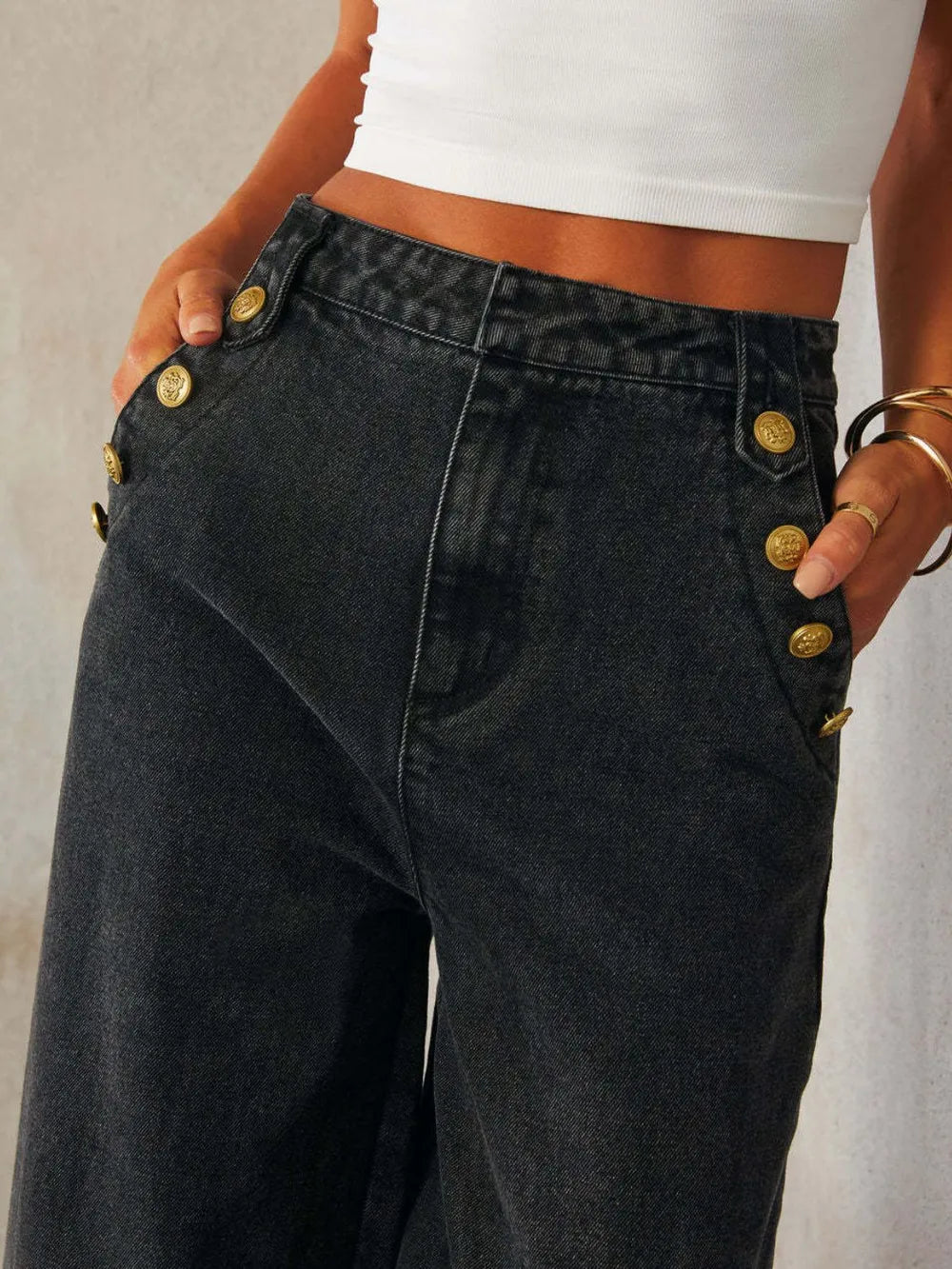 Camille Button Detail High-Rise Wide Leg Jeans - Be Juliet