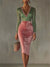 Be Juliet The Velours Léopard Midi Dress green leopard and pink velvet, front view, plunging V-neckline