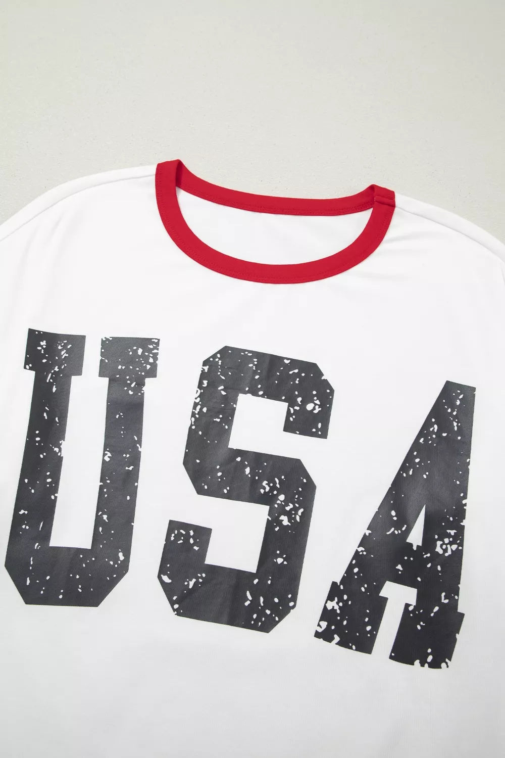USA Letter Printed Varsity Striped Sleeve Round Neck Tee - White, flat lay back view - Be Juliet