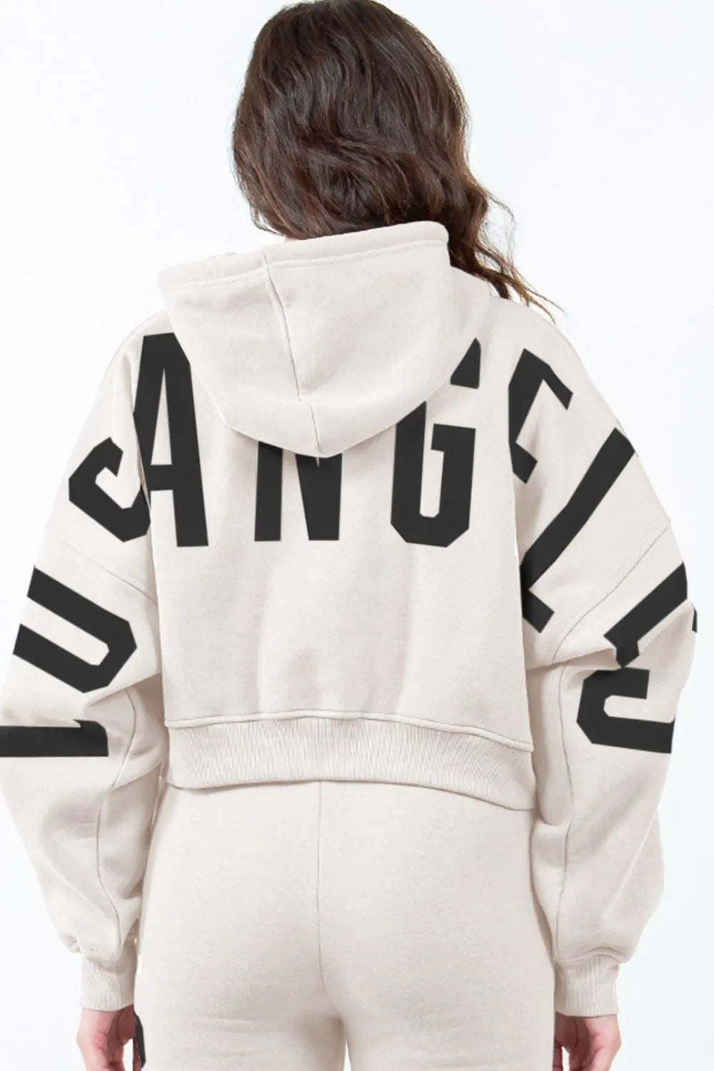 American Bazi Letter Graphic Long Sleeve Drawstring Cropped Hoodie - Be Juliet