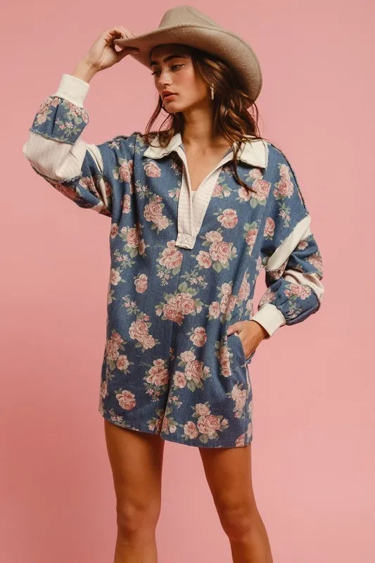 Chantalle Floral Denim Romper – Contrast Collar - Be Juliet