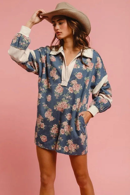 Chantalle Floral Denim Romper – Contrast Collar - Be Juliet