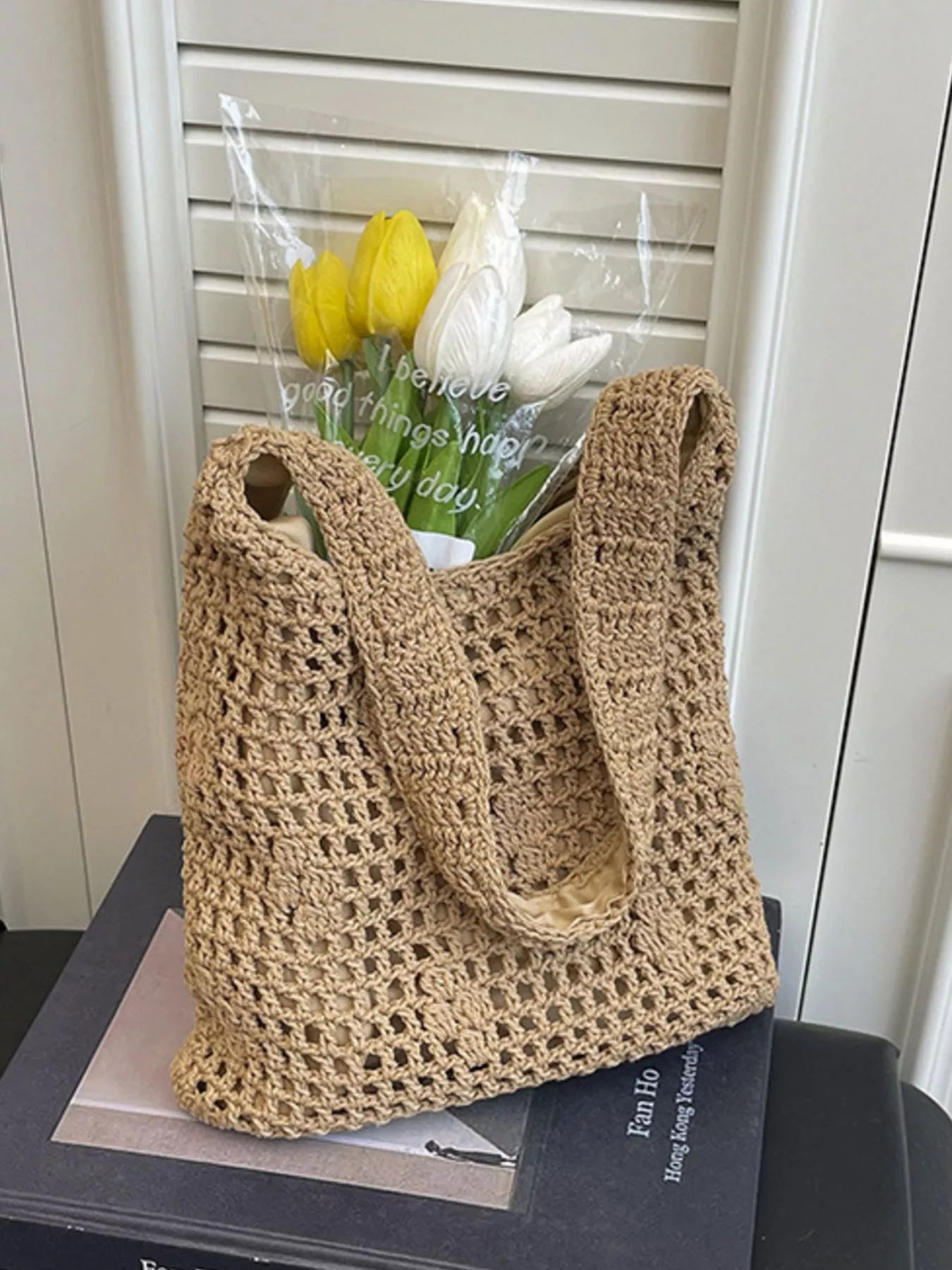 The Céleste Bag — Knitted Crochet Shoulder Bag - Khaki, side view product shot - Be Juliet