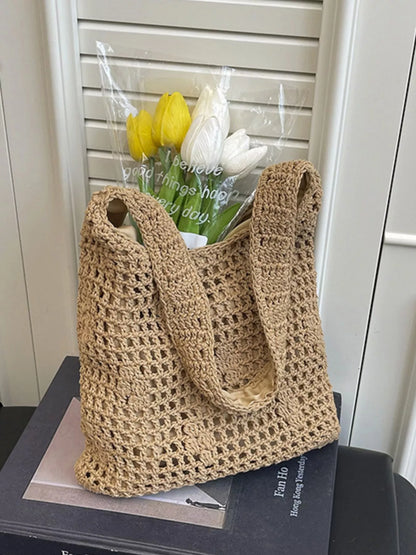 The Céleste Bag — Knitted Crochet Shoulder Bag - Khaki, side view product shot - Be Juliet