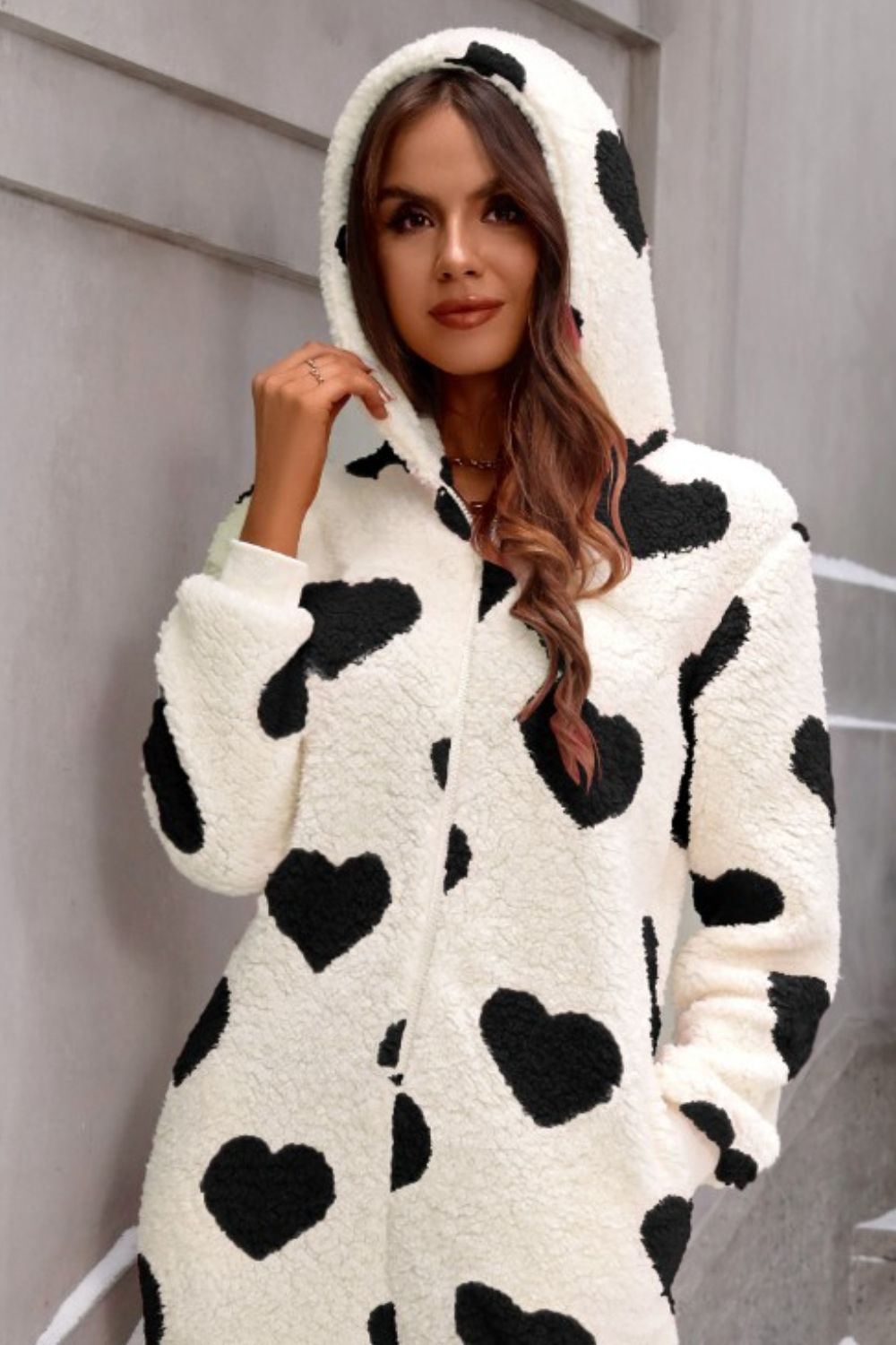 Fuzzy Heart Zip Up Hooded Lounge Jumpsuit - Be Juliet