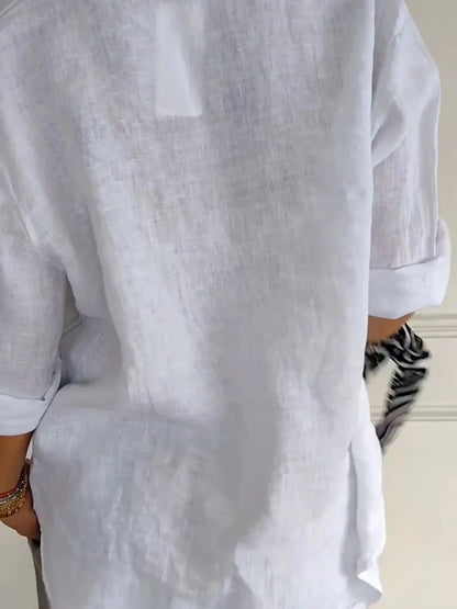 Catalina Notched Linen-Blend Blouse — Plus Size - Be Juliet