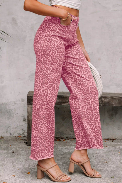Leopard Frayed Edge Wide Leg High Waist Jeans - Dusty Pink, side view, frayed hem - Be Juliet