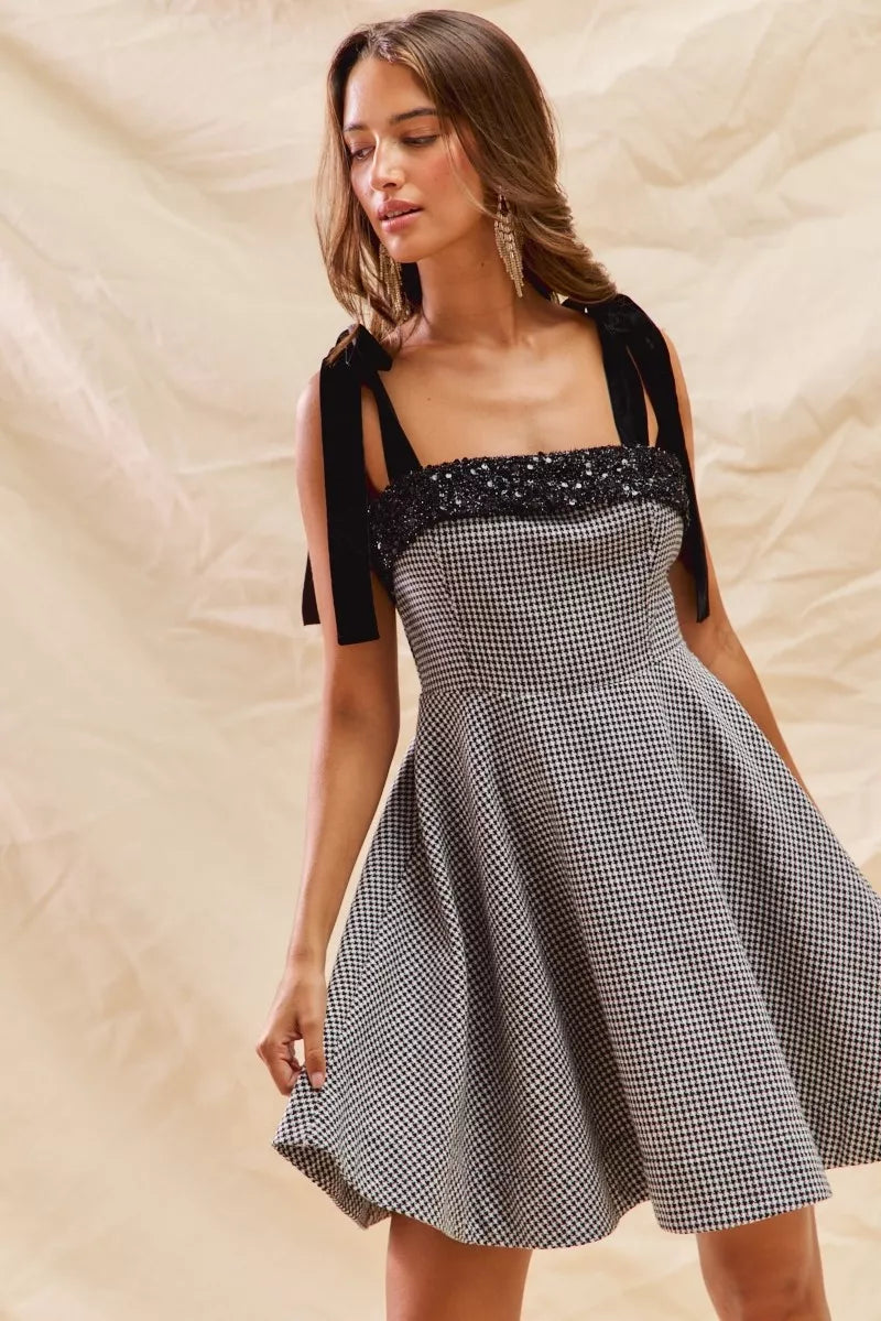 Sophie Houndstooth Tie-Shoulder Mini Dress - Be Juliet