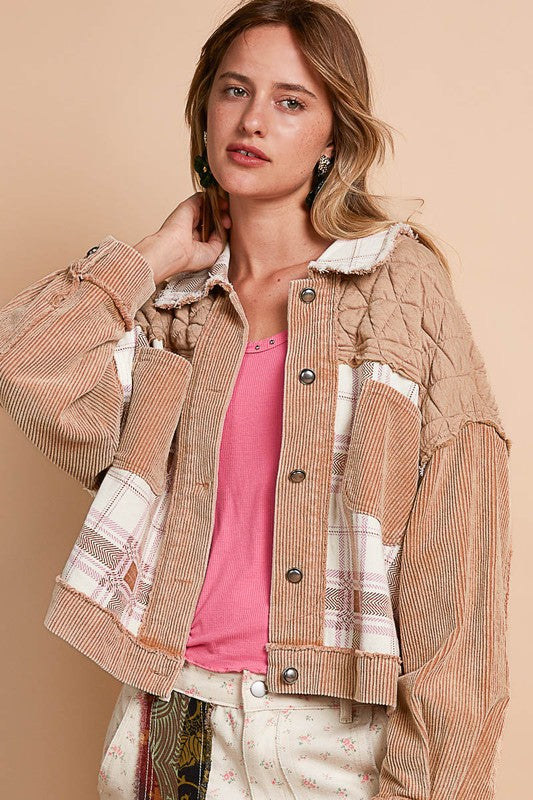 POL Corduroy Jacquard Patchwork Button Up Jacket - Teddy Bear Multicolor, side view on model - Be Juliet