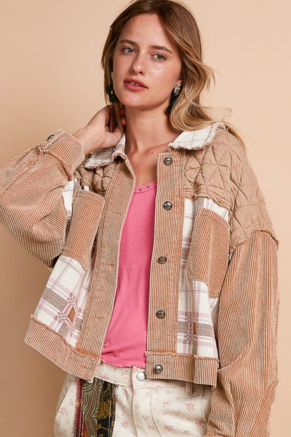 POL Corduroy Jacquard Patchwork Button Up Jacket - Teddy Bear Multicolor, side view on model - Be Juliet