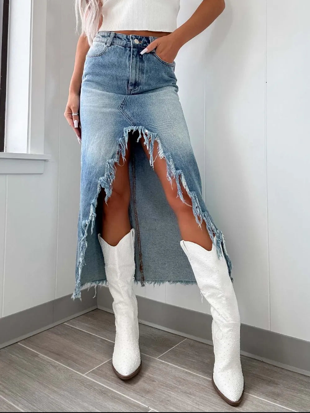 High-Waist Raw Hem Asymmetry Denim Skirt - Be Juliet