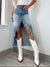 High-Waist Raw Hem Asymmetry Denim Skirt - Light, front view on model - Be Juliet
