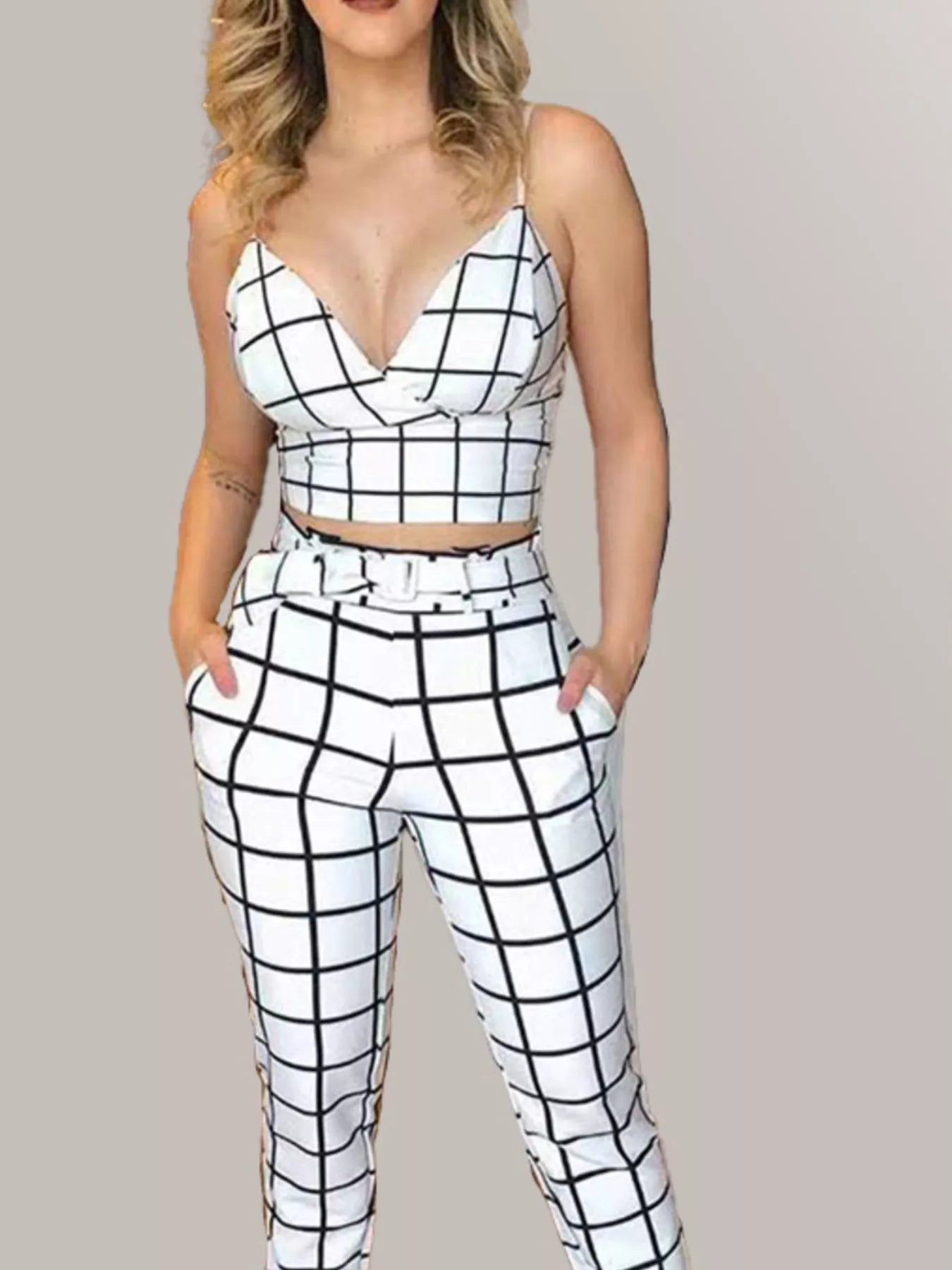 Grid Print Crop Top and Pants Set - White, front studio view on model, spaghetti strap V-neck and high-waist pants - Be Juliet