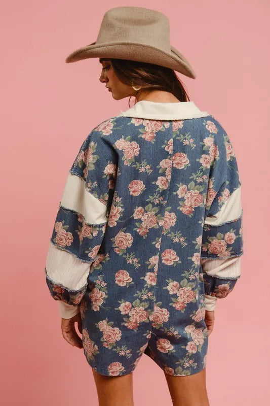 Chantalle Floral Denim Romper – Contrast Collar - Be Juliet