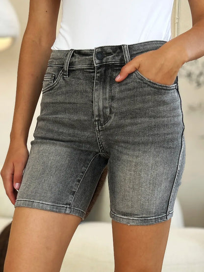 The Noelle Denim Cutoff Shorts - GREY, front view on model - Be Juliet