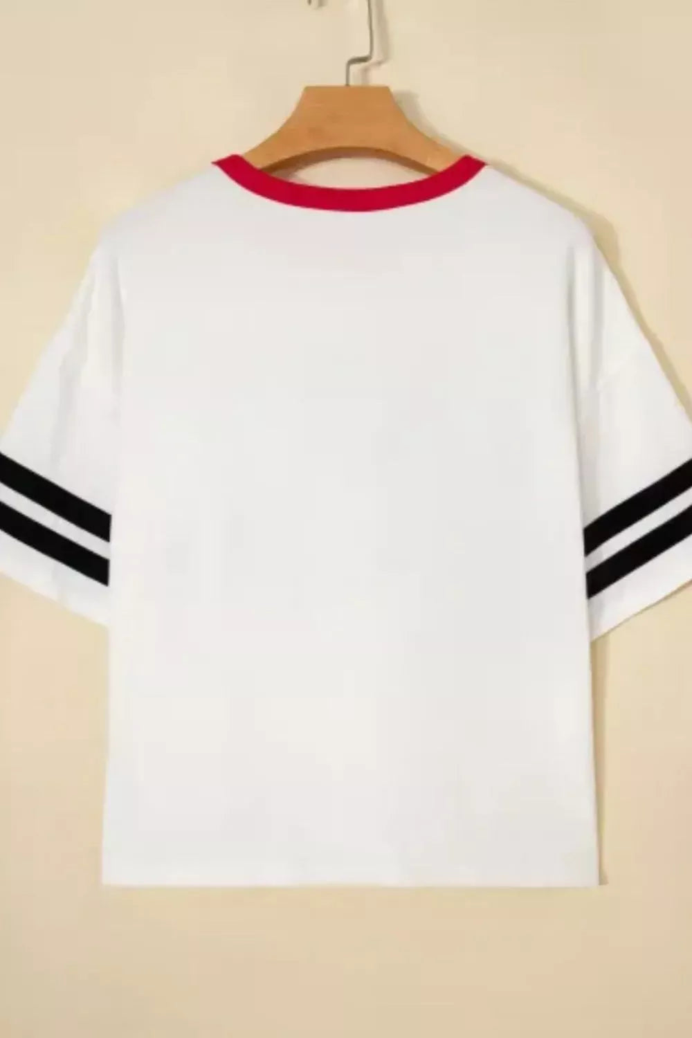 USA Letter Printed Varsity Striped Sleeve Round Neck Tee - White, flat lay front view - Be Juliet
