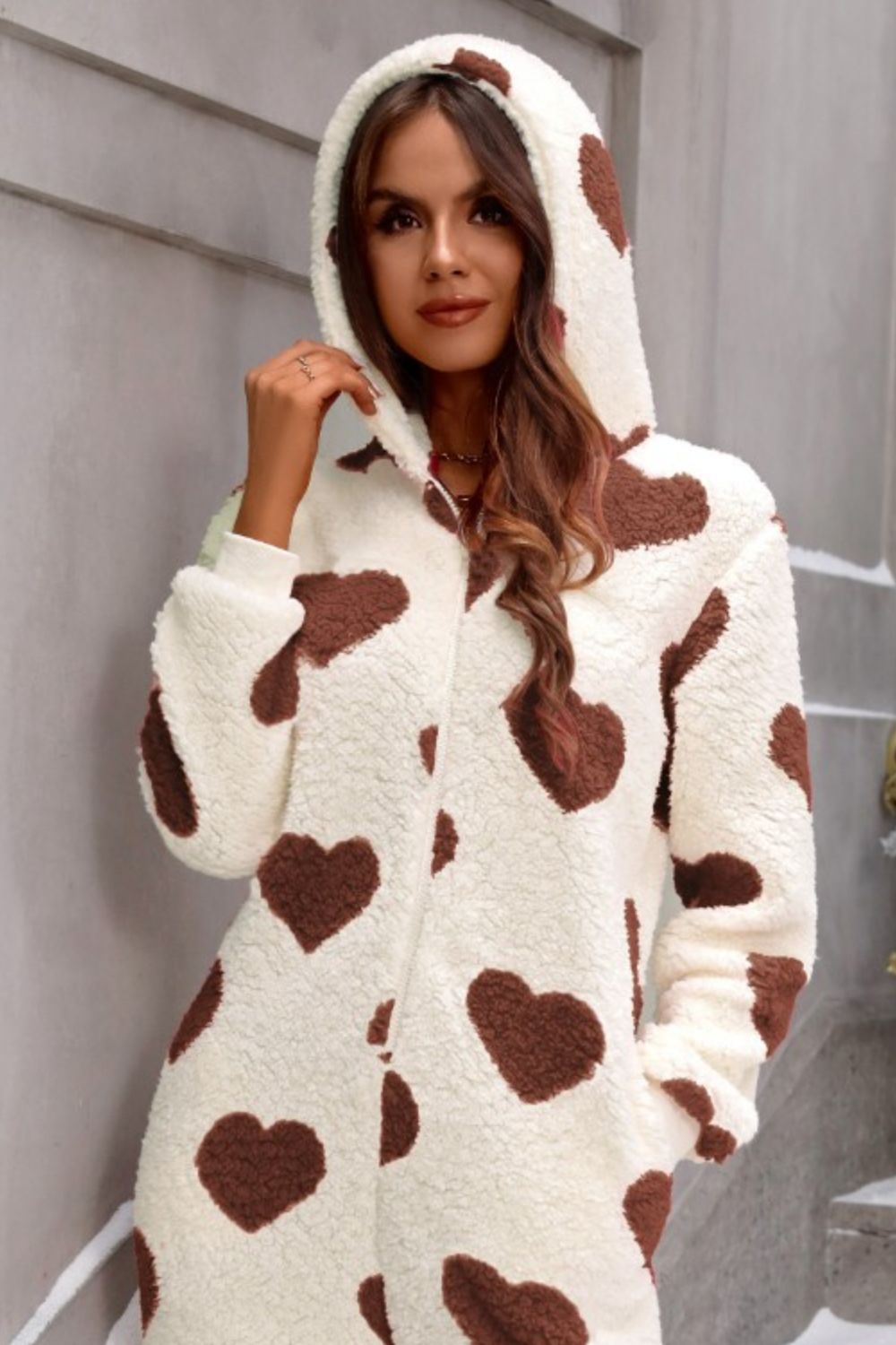 Fuzzy Heart Zip Up Hooded Lounge Jumpsuit - Be Juliet