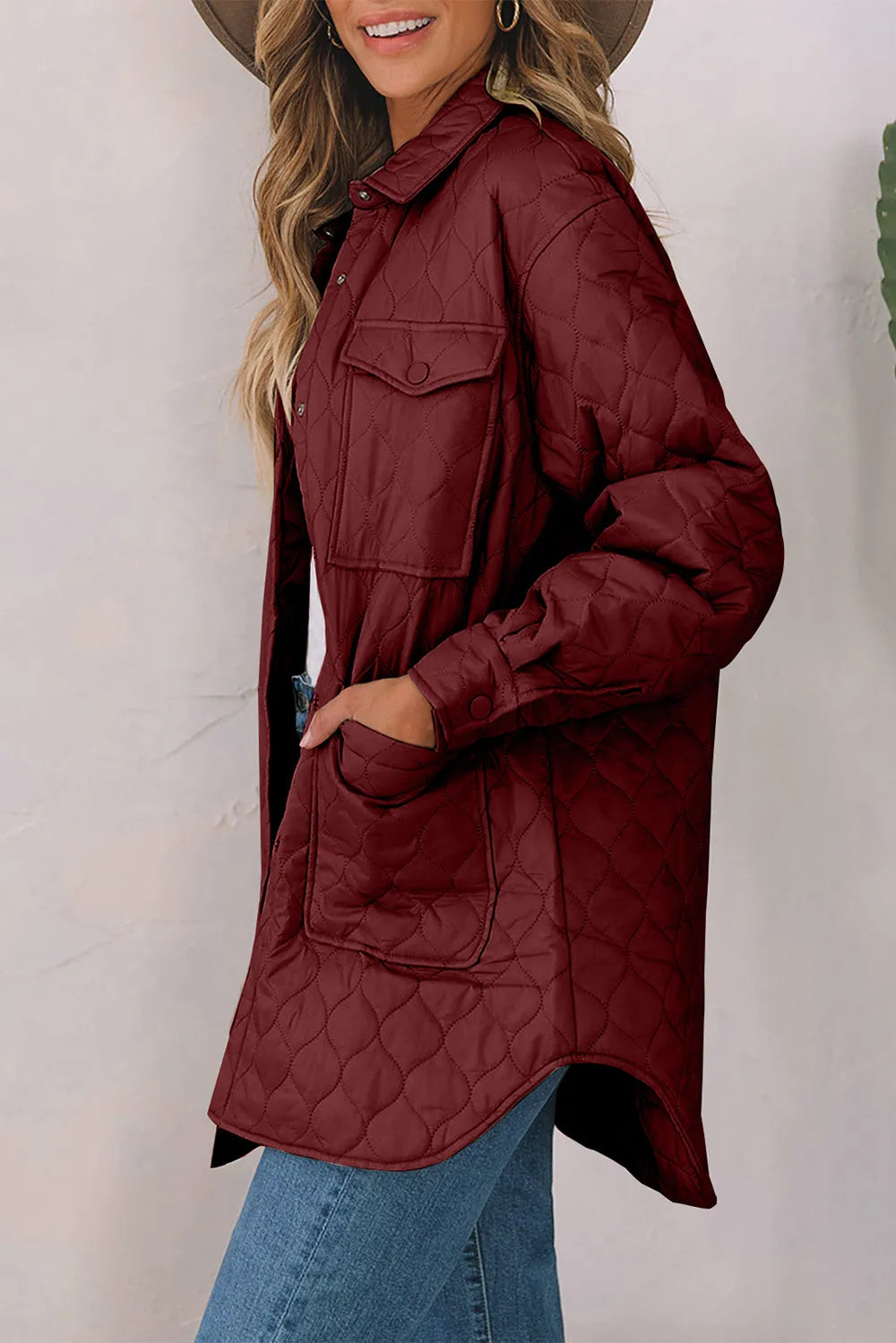 Snap Down Collared Winter Coat - Pink, back view on model - Be Juliet