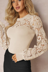 Lace Patchwork Round Neck Long Sleeve Blouse