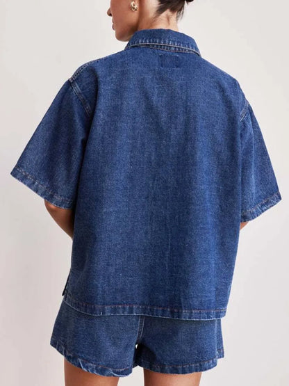 Kati Button Up Half Sleeve Denim Shirt - Light, side view on model - Be Juliet