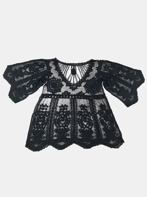 Lace Round Neck Cover-Up - Black, flat lay front, puff sleeves silhouette - Be Juliet