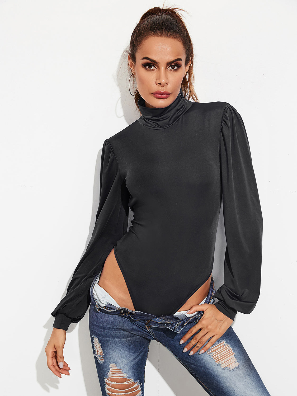 Backless Tie-Waist Turtleneck Lantern Sleeve Bodysuit - Black, side view on model - Be Juliet