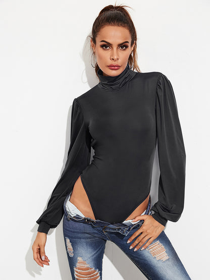 Backless Tie-Waist Turtleneck Lantern Sleeve Bodysuit - Black, side view on model - Be Juliet