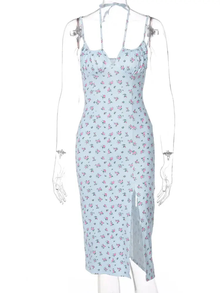 Eleonora Sleeveless Satin Floral Dress - full-length lifestyle view on model - Be Juliet