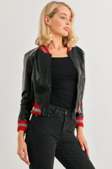 PU Leather Baseball Collar Long Sleeve Jacket