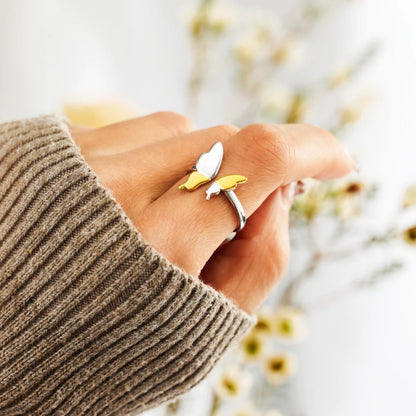 925 Sterling Silver Butterfly Ring - Gold, angled close-up showing butterfly wings - Be Juliet