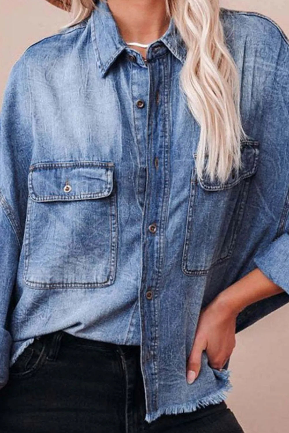 Collared Neck Raw Hem Long Sleeve Denim Shirt - Light, close-up detail - Be Juliet