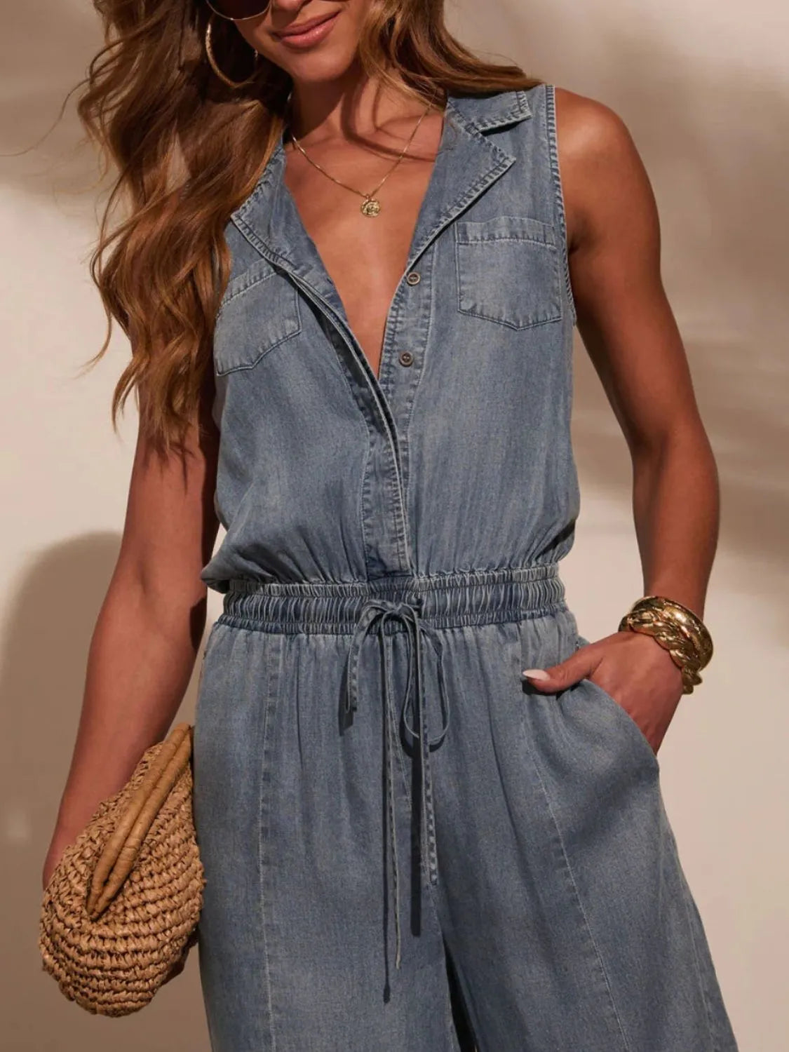 Sleeveless Drawstring Waist Washed Denim Jumpsuit - Be Juliet