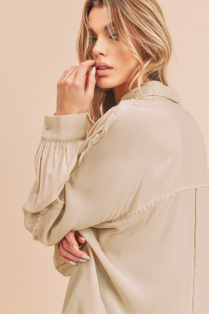 Aemi + Co Raw Edge Exposed Seam Collared Neck Long Sleeve Shirt - Be Juliet
