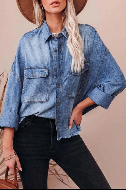 Collared Neck Raw Hem Long Sleeve Denim Shirt - Light, side view on model - Be Juliet